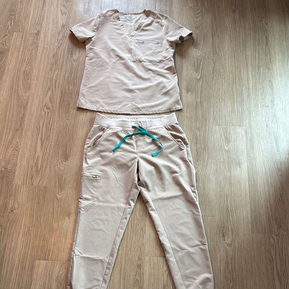 Figs Women's Scrub Set in Tan with Teal Accents